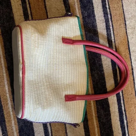 Vintage Geometric Handbag Purse 80s Colorful‎ Multicolor Resort Vacation Woven - Picture 2 of 9